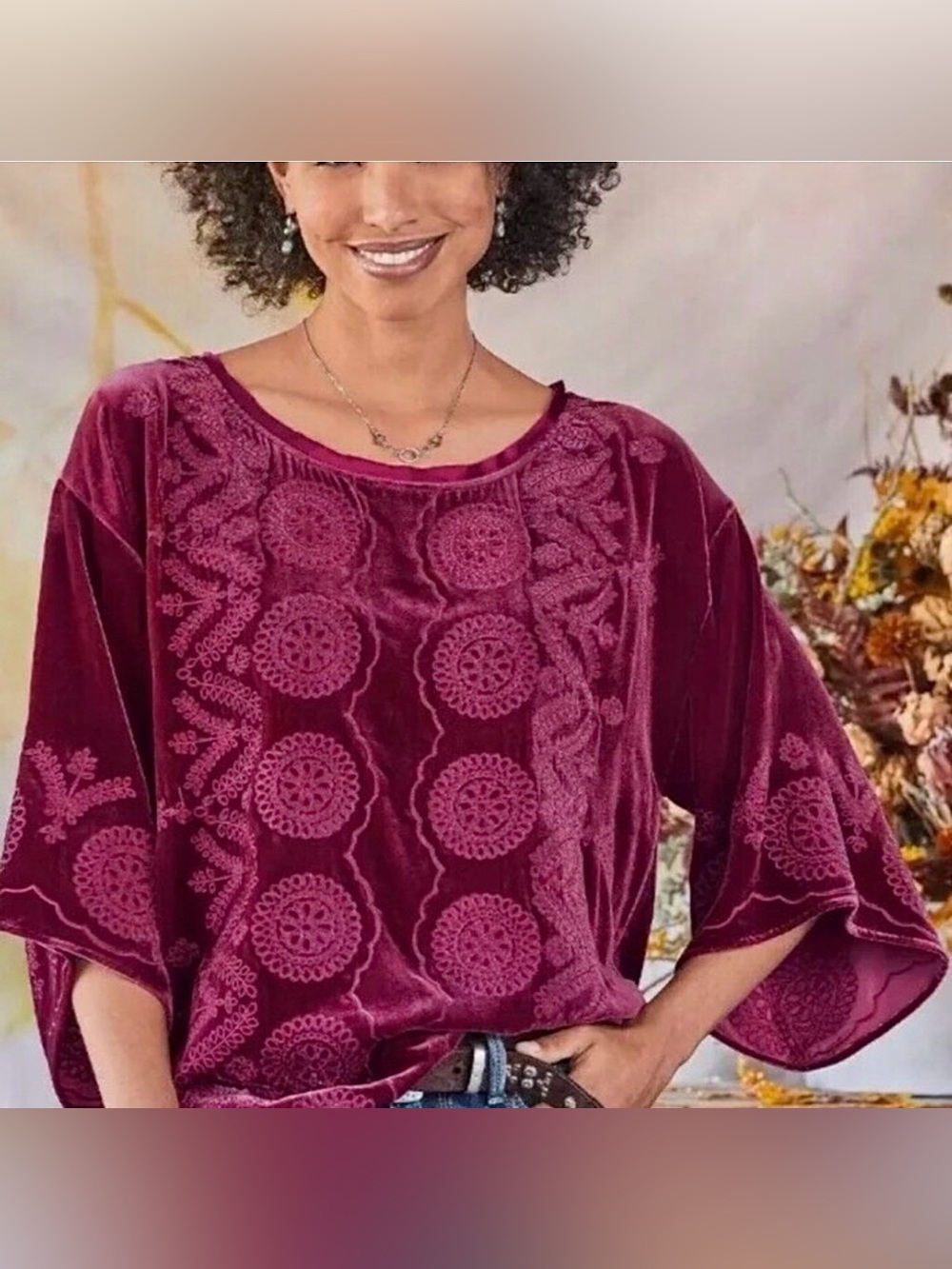 Sundance Boho-Chic Whimsigoth Oversized Berry Color Velvet Blouse Top